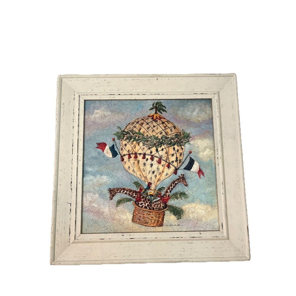 Framed Hot Air Balloon Print Giraffes by A. Churchill Nursery Baby Cottage Cream